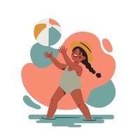 Girl playing with beach ball in summer water with abstract colorful background and sun hat vector
