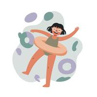 Happy girl playing with swim ring illustration in playful summer activity scene with abstract shapes vector