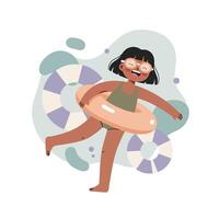Girl playing with inflatable swim ring in summer water fun activity with joyful expression vector