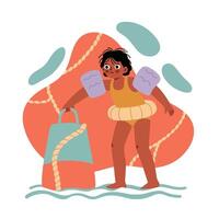 Child Wearing Swim Floaties Learning to Swim in Water with Life Vest and Abstract Background Illustration vector