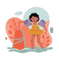 Child standing in water wearing floaties and a yellow dress with abstract background shapes in orange and green tones vector