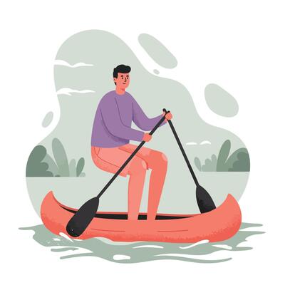 Man paddling red canoe on calm water surrounded by green plants and cloudy sky in outdoor leisure activity