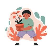 Child holding potted flowering plant with orange and green abstract background in playful illustration style vector
