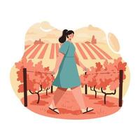 Woman walking through vineyard with rows of grapevines in autumn landscape during sunset vector
