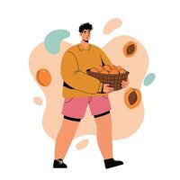 Young man holding basket with apricots standing with colorful abstract background illustration vector