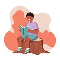 Boy sitting on tree stump reading book in casual outfit with colorful background illustration vector