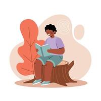 Boy reading a book on tree stump surrounded by abstract orange leaf and beige background nature setting vector