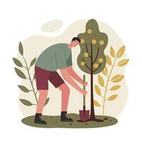 Man Planting Small Tree with Gardening Shovel in Nature Environment with Green and Yellow Leaves vector