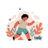 Child walking through plants with grasshopper and insects in nature scene with muted orange and teal tones vector
