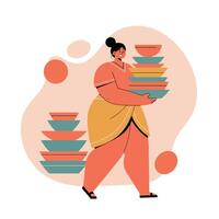 Woman carrying stack of colorful bowls in modern minimal style illustration with warm tones and abstract background vector