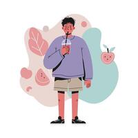 Young person drinking beverage with straw standing casual style in colorful background digital illustration vector