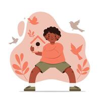 Child holding birdhouse surrounded by flying birds and orange foliage with soft background illustration vector