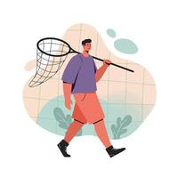 Man walking with butterfly net in casual outfit on abstract background natural leisure activity vector