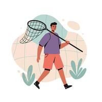 Young man walking with fishing net in casual outfit and nature background outdoors vector