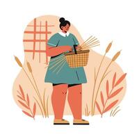 Woman weaving basket using natural materials in autumn setting with warm orange and green tones vector