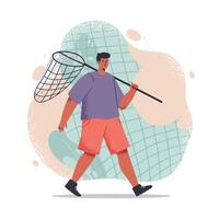 Man walking with fishing net in casual clothes carrying outdoor equipment for leisure activity vector