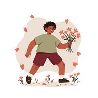 Child holding bouquet of orange flowers walking on grassy field with scattered petals in spring setting vector