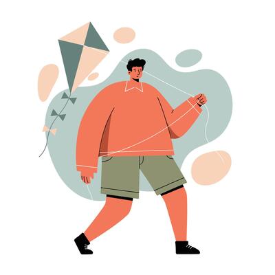 Boy flying kite outdoors with casual outfit and abstract background in warm colours illustration