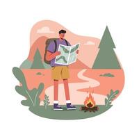 Hiker with backpack reading map near campfire in forest landscape with mountain background and winding path vector