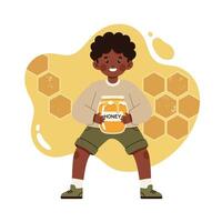 Child holding jar of honey with honeycomb background in playful pose natural illustration vector