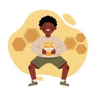 Young boy holding jar of honey with honeycomb shapes in background cheerful and playful illustration vector