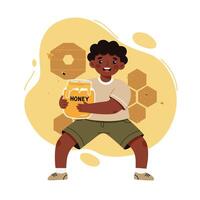 Young boy holding large honey jar with hexagonal honeycomb background and yellow tones natural flow vector