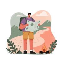 Male hiker exploring wilderness with map and backpack near campfire on mountain trail in nature scenery vector