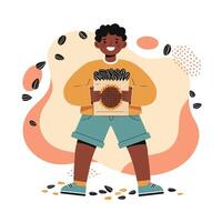 Smiling boy holding a bag of coffee beans with colorful abstract background and scattered beans illustration vector
