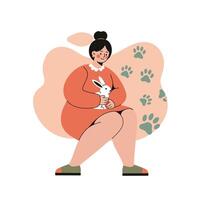 Woman holding white rabbit sitting with large paw prints background in warm tones illustration vector