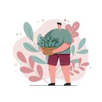 Man carrying basket with green plants surrounded by pastel color leaves background in simple style vector