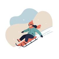 Child enjoying winter sledding activity dressed in warm clothes and scarf on snowy day vector