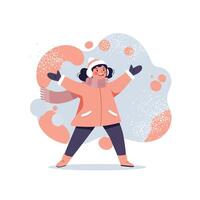 Child wearing winter coat and hat playing outside in snowy landscape with joyful expression and open arms vector