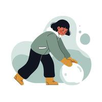 Child playing with a large snowball during winter wearing warm clothing and boots in digital illustration style vector