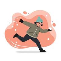 Child playing outside in winter wearing warm clothes and blue hat on snowy day with joyful expression vector