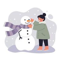 Child building snowman wearing scarf in snowy winter scene with playful mood and cold weather clothes vector
