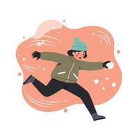 Child running fast in winter clothes with green beanie and brown jacket on abstract orange background illustration vector