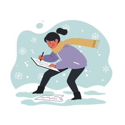 Young woman drawing outdoors in winter snow with scarf and jacket enjoying creative activity