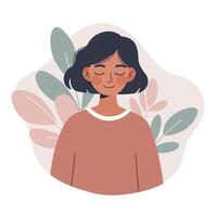 Woman with calm expression and closed eyes surrounded by pastel leaves illustration in soft earthy tones vector