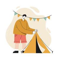 Man setting up orange camping tent with colorful flags in casual outdoor scene illustration vector