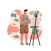 Young man painting on canvas with easel in casual outfit and artistic abstract background vector