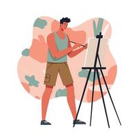 Young man painting on canvas with easel in casual summer outfit in abstract background vector