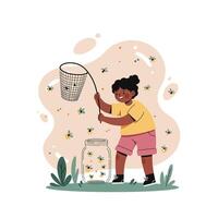 Child catching fireflies with net and jar in outdoor nature setting summertime activity cheerful scene vector