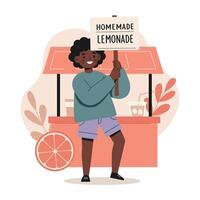 Child holding homemade lemonade sign in front of lemonade stand with citrus decoration and cheerful expression vector