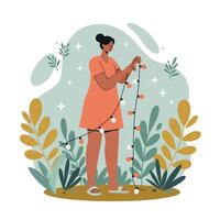 Woman standing and holding string lights in garden surrounded by green and yellow plants with decorative stars in background vector