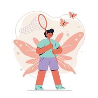Boy catching butterflies with net in pastel colors nature scene with wings and insects flying vector