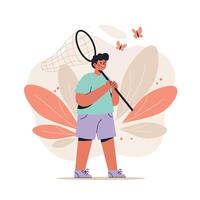 Boy catching butterflies with net in nature with pastel leaves background illustration vector