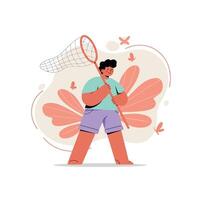 Boy holding butterfly net ready to catch flying butterflies in nature illustration with pastel colors vector