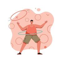 Man exercising with colorful hula hoops on orange background in fitness activity session vector