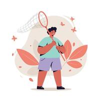 Boy catching butterflies with net in nature background with large leaves and flying insects illustration vector