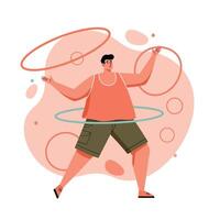 Man exercising with multiple hula hoops in casual summer outfit with orange and green colors vector